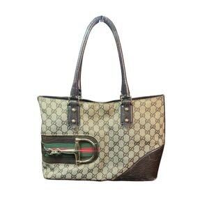 Gucci Vintage GG Canvas Sherry Stripe Horsebit Brown Tote Bag